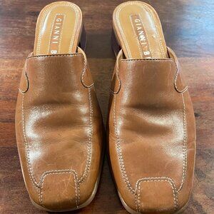 Gianni Bini Leather Mule Loafers Brown Cognac Square Toe Block Heel Size 6.5